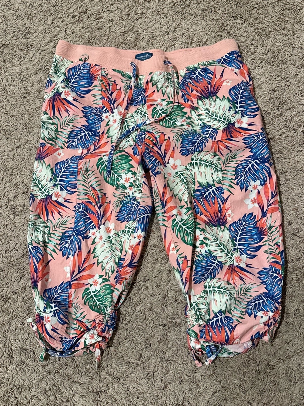 Caribbean Joe Tropical Floral Capris L Pink Blue Green Drawstring Convertible